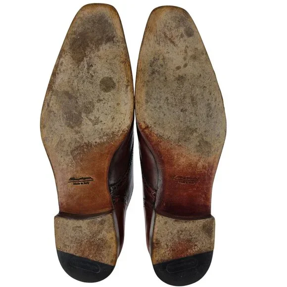 Santoni Italy Antiqued Brown Leather Dress Shoes 8 Cap-toe Brogue Derby Oxfords